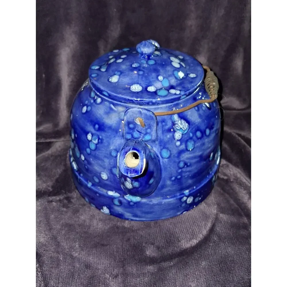 Ceramic Teapot Spotted Pattern Blue White Metal Handle Lid Round Shape